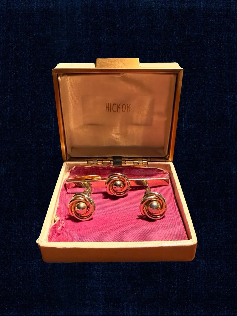Hickok Gold-Tone Mid- Century Formal Cufflinks and Tie Bar Set with Original Box